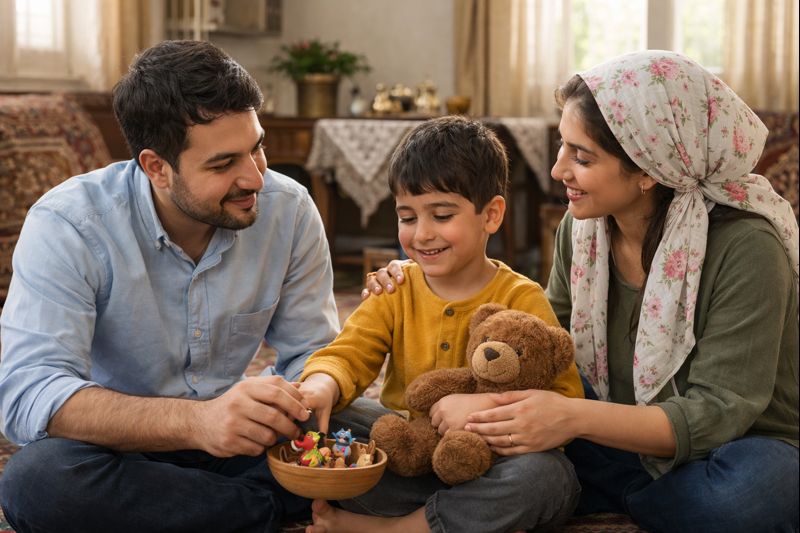والدین ایرانی در حال آموزش رفتار اجتماعی و الگوسازی مثبت برای ارتباط دوستی در کودک