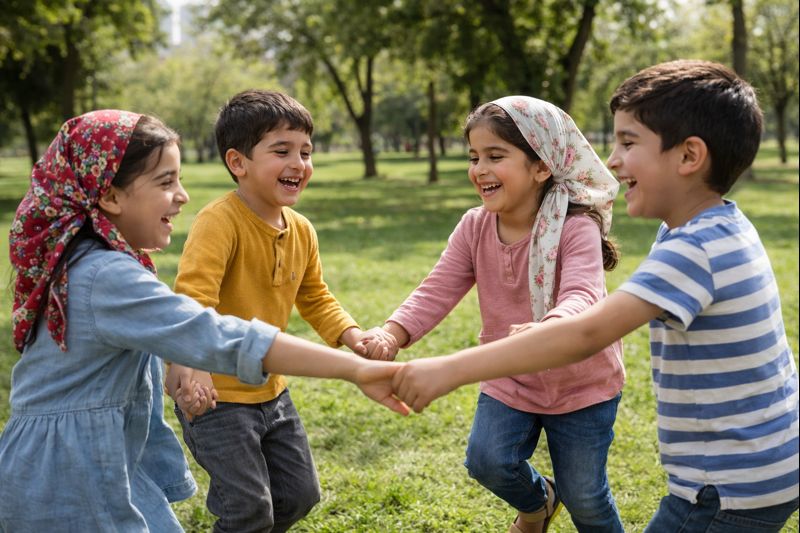 کودکان ایرانی در پارک تهران در حال بازی گروهی و تقویت ارتباط دوستی در کودک